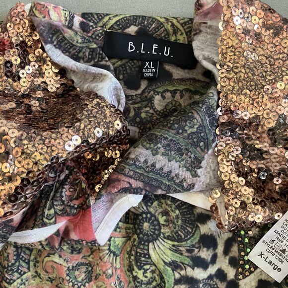 BLEU Rhinestone Sequin Sublimation Print Handkerchief Hemline Tunic Top - Picture 5 of 6